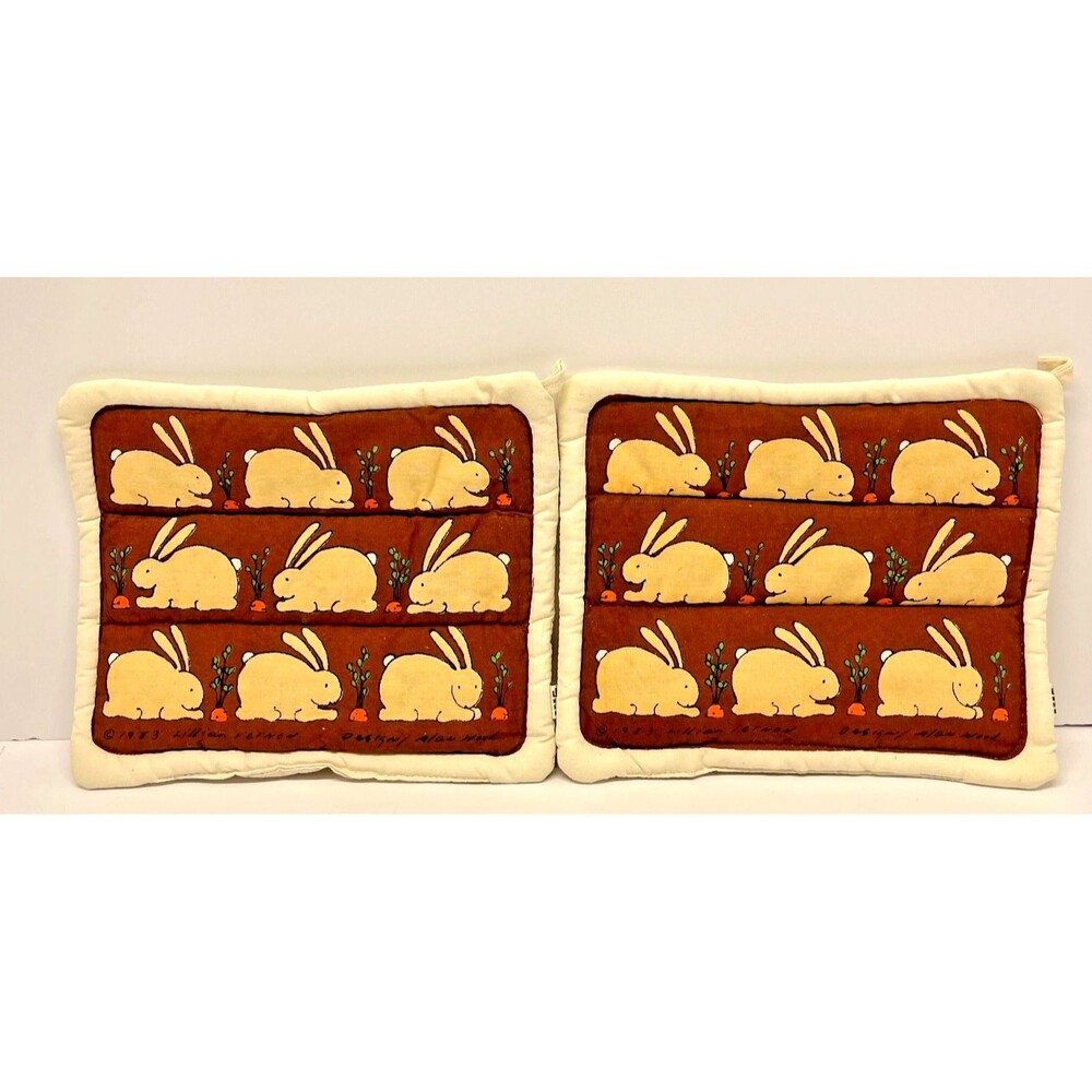 Vintage 1983 Lillian Vernon Potholders Hotpads RABBITS Folk Art-Alan Wood Design